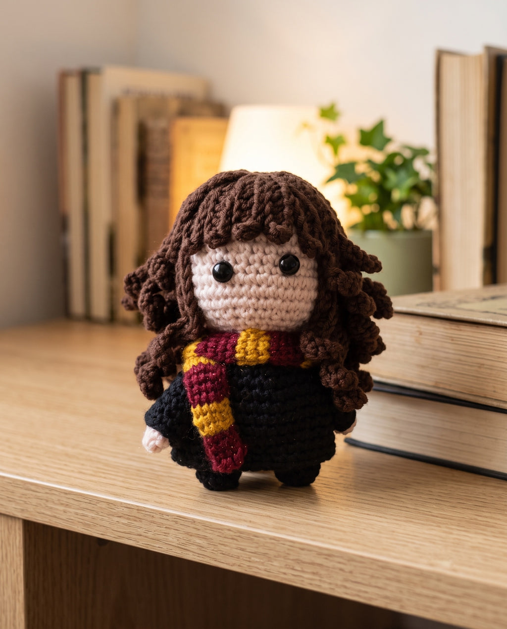 Hermione crochet toy sitting on a wooden shelf