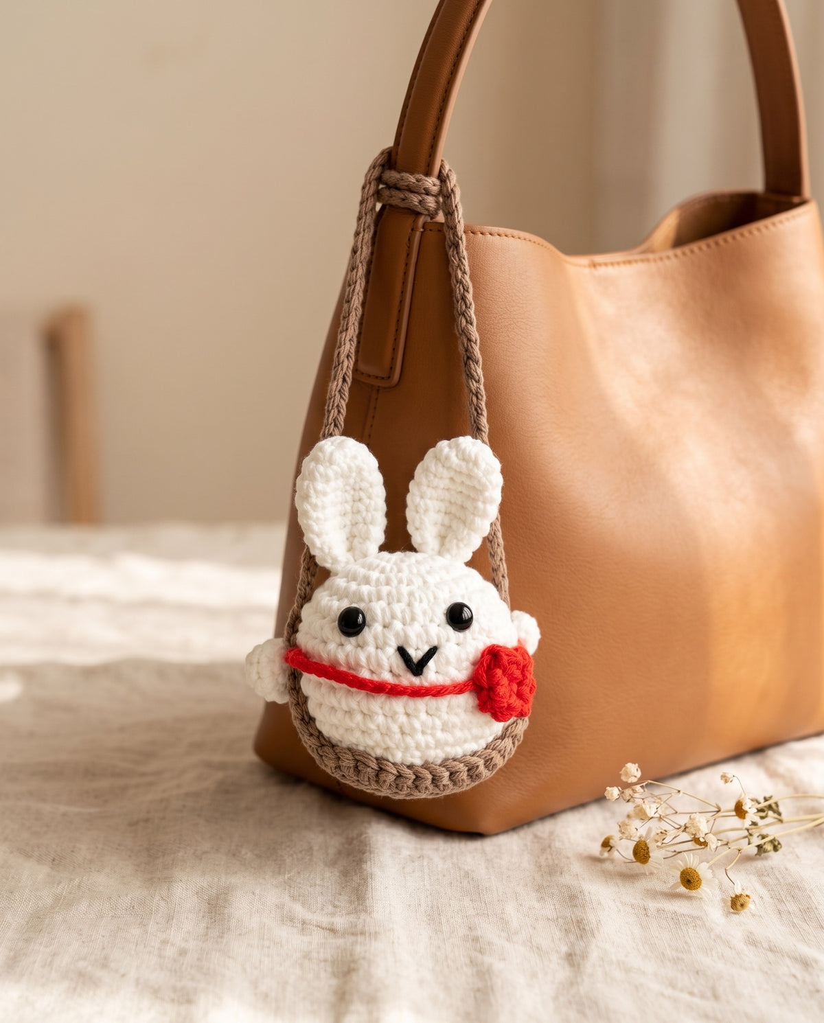 Crochet bunny bag charm hanging on a handbag
